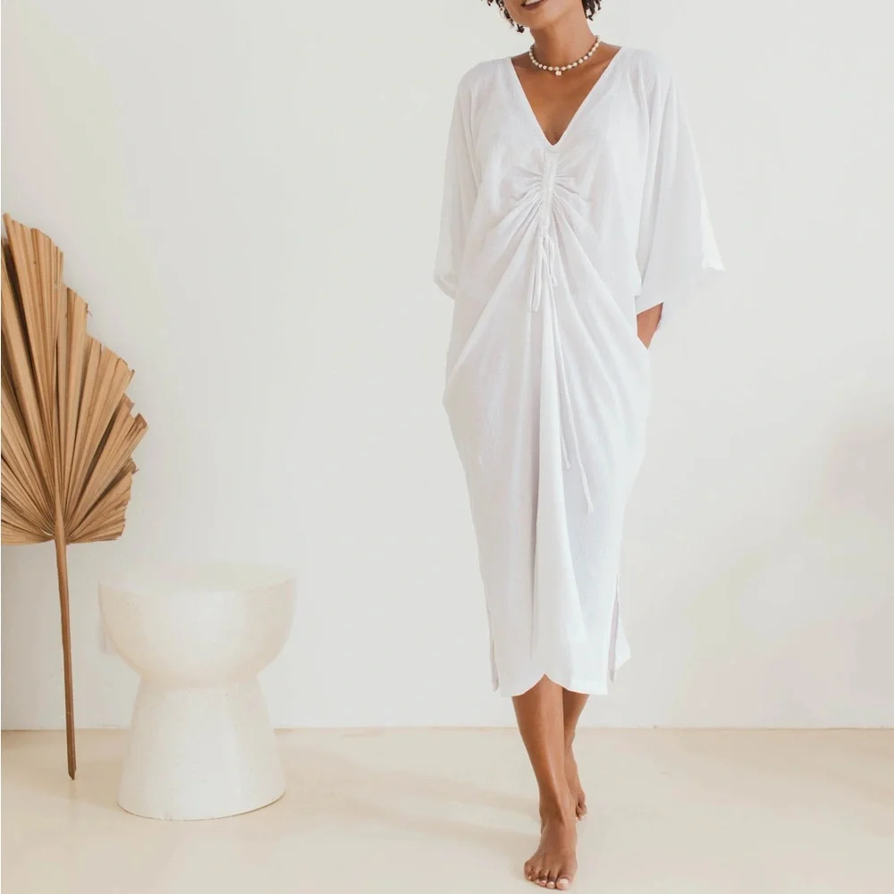 ANNA KAY White Ruched V-Neck Long Sleeve Dress Deep V - Picture 1 of 4